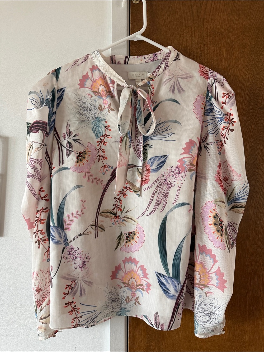 Ted Baker Cream Floral Tie-Neck Blouse with Pink & Blue Accents
